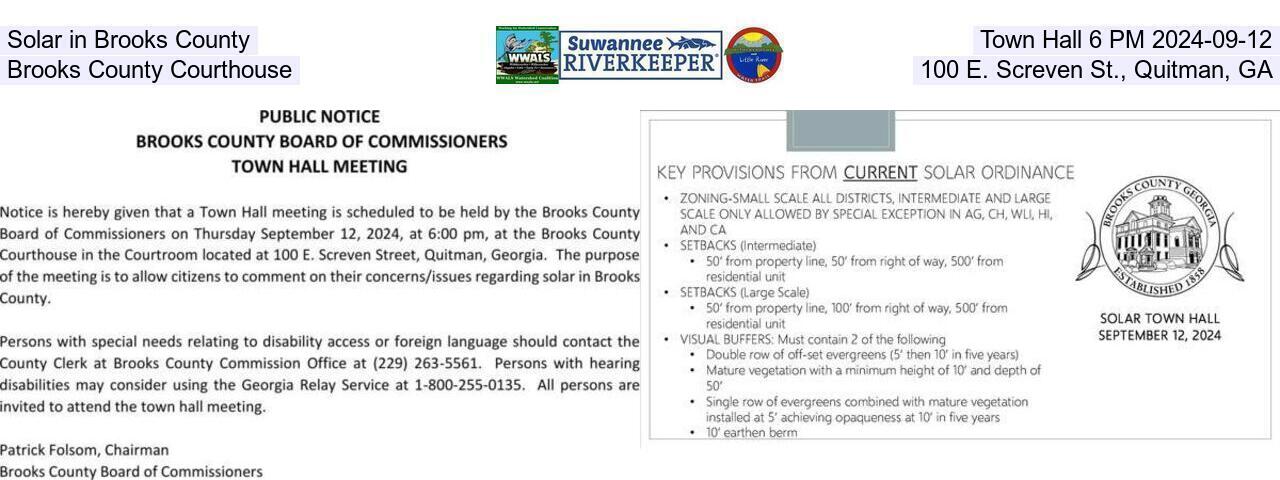 Solar in Brooks County, Town Hall 6 PM 2024-09-12, Brooks County Courthouse, 100 E. Screven St., Quitman, GA