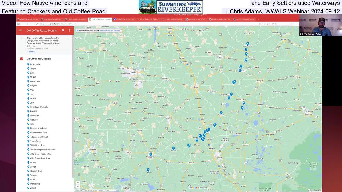 Video: How Native Americans and, and Early Settlers used Waterways, Featuring Crackers and Old Coffee Road --Chris Adams, WWALS Webinar 2024-09-12