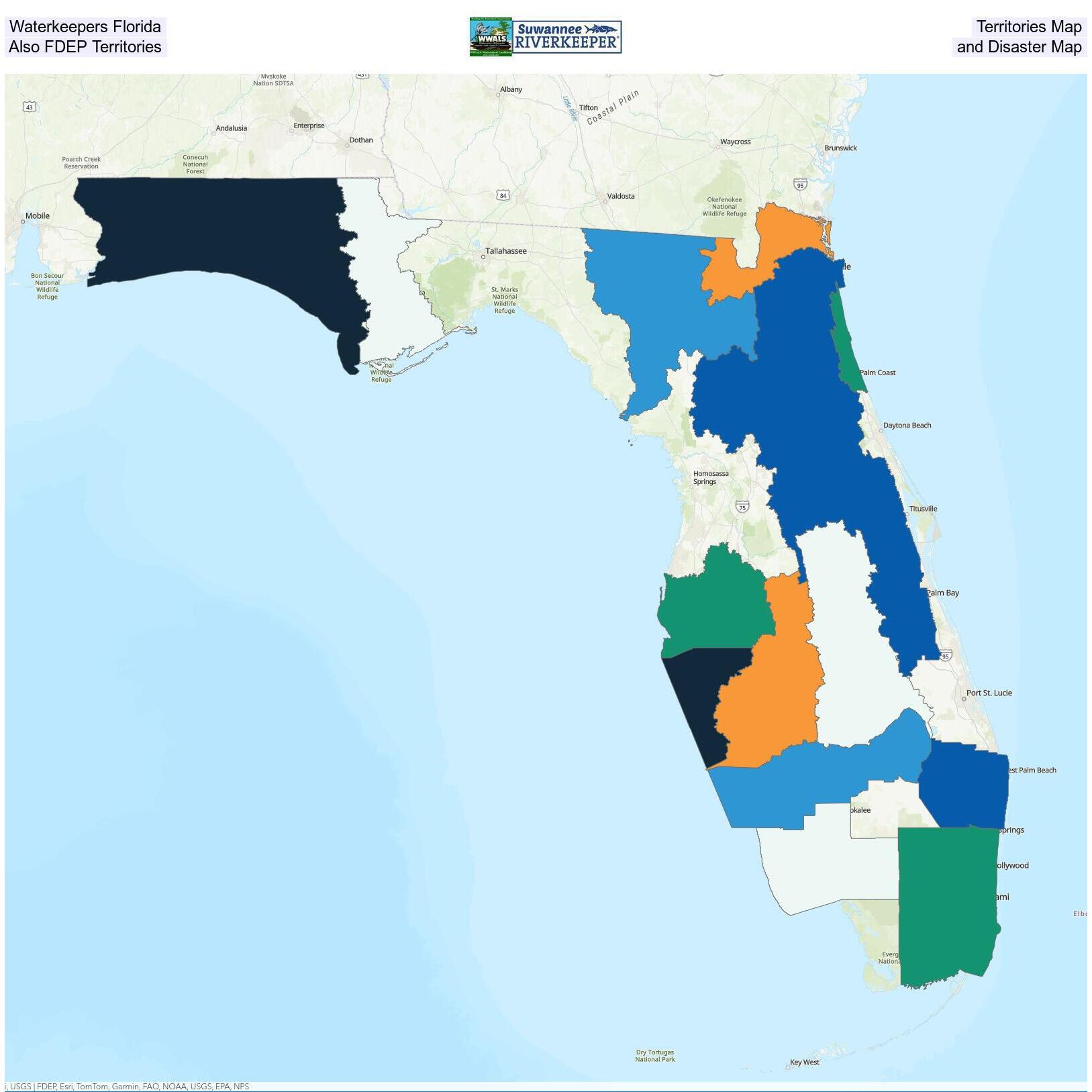 Waterkeepers Florida Territories Map plus FDEP Territories and Disaster Map