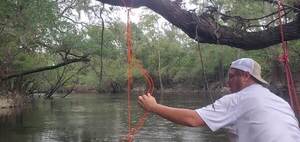 [Movie: Hanging PFAS sampler upstream from WWTP, right bank, 2024:09:14 12:47:18, 30.8364070, -83.3591637 (62M)]