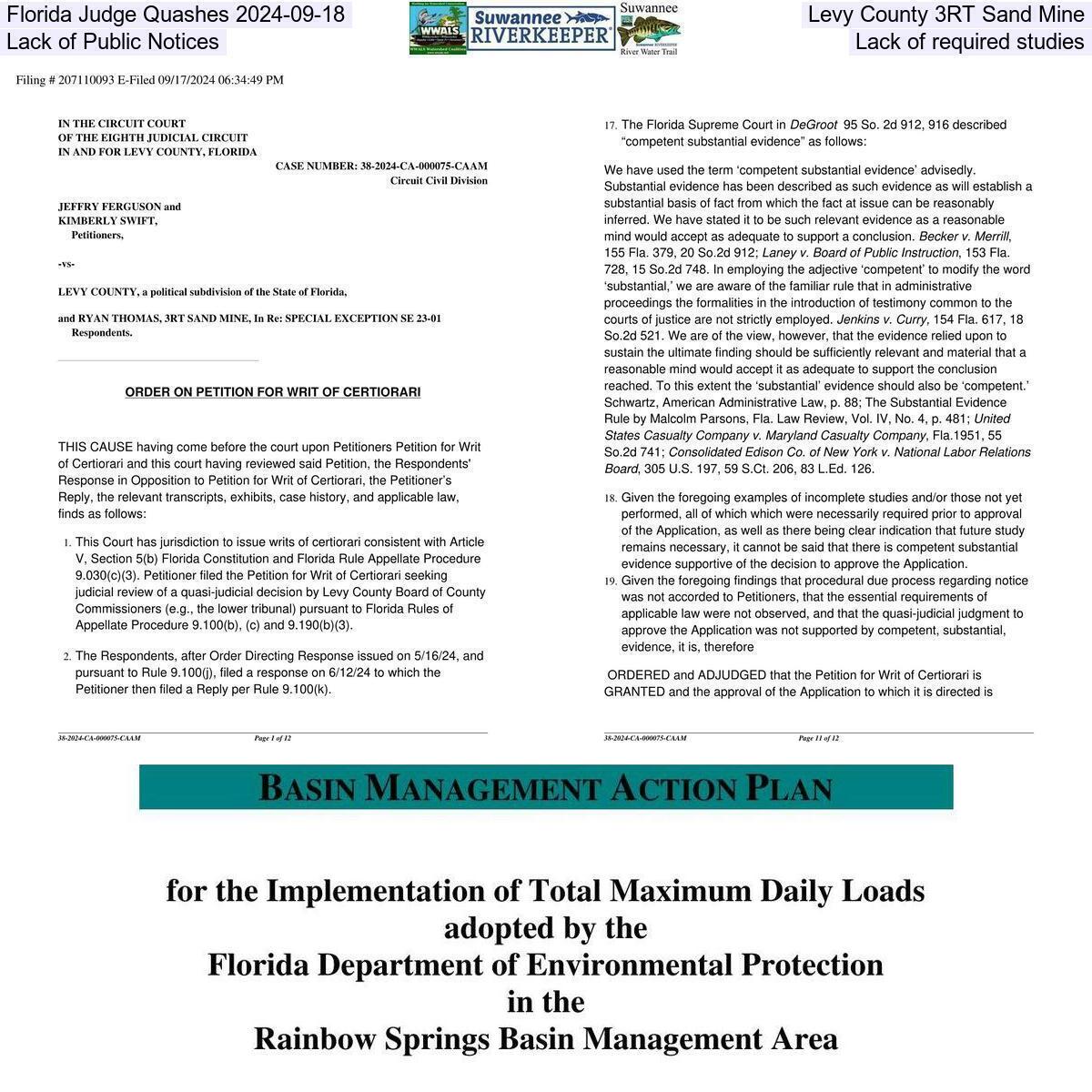 Florida Judge Quashes 2024-09-18 Levy County 3RT Sand Mine: Lack of Public Notices & Lack of required studies