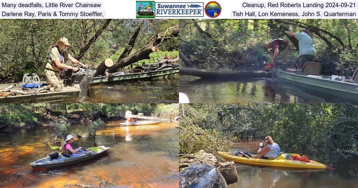 Many deadfalls, Little River Chainsaw Cleanup, Red Roberts Landing 2024-09-21 Darlene Ray, Paris & Tommy Stoeffler, Tish Hall, Lon Kemeness, John S. Quarterman