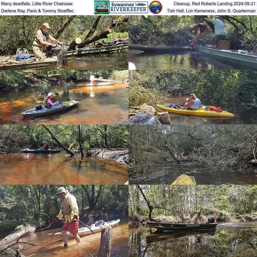 Many deadfalls, Little River Chainsaw Cleanup, Red Roberts Landing 2024-09-21 Darlene Ray, Paris & Tommy Stoeffler, Tish Hall, Lon Kemeness, John S. Quarterman