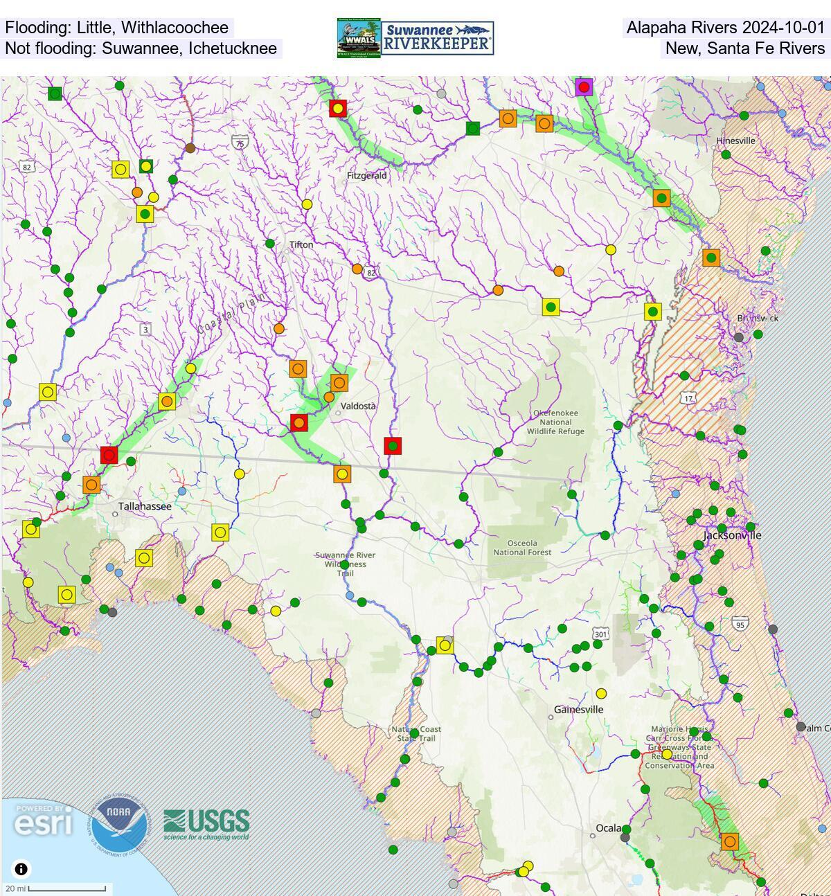 Flooding: Little, Withlacoochee, Alapaha Rivers 2024-10-01 Not flooding: Suwannee, Ichetucknee, New, Santa Fe Rivers