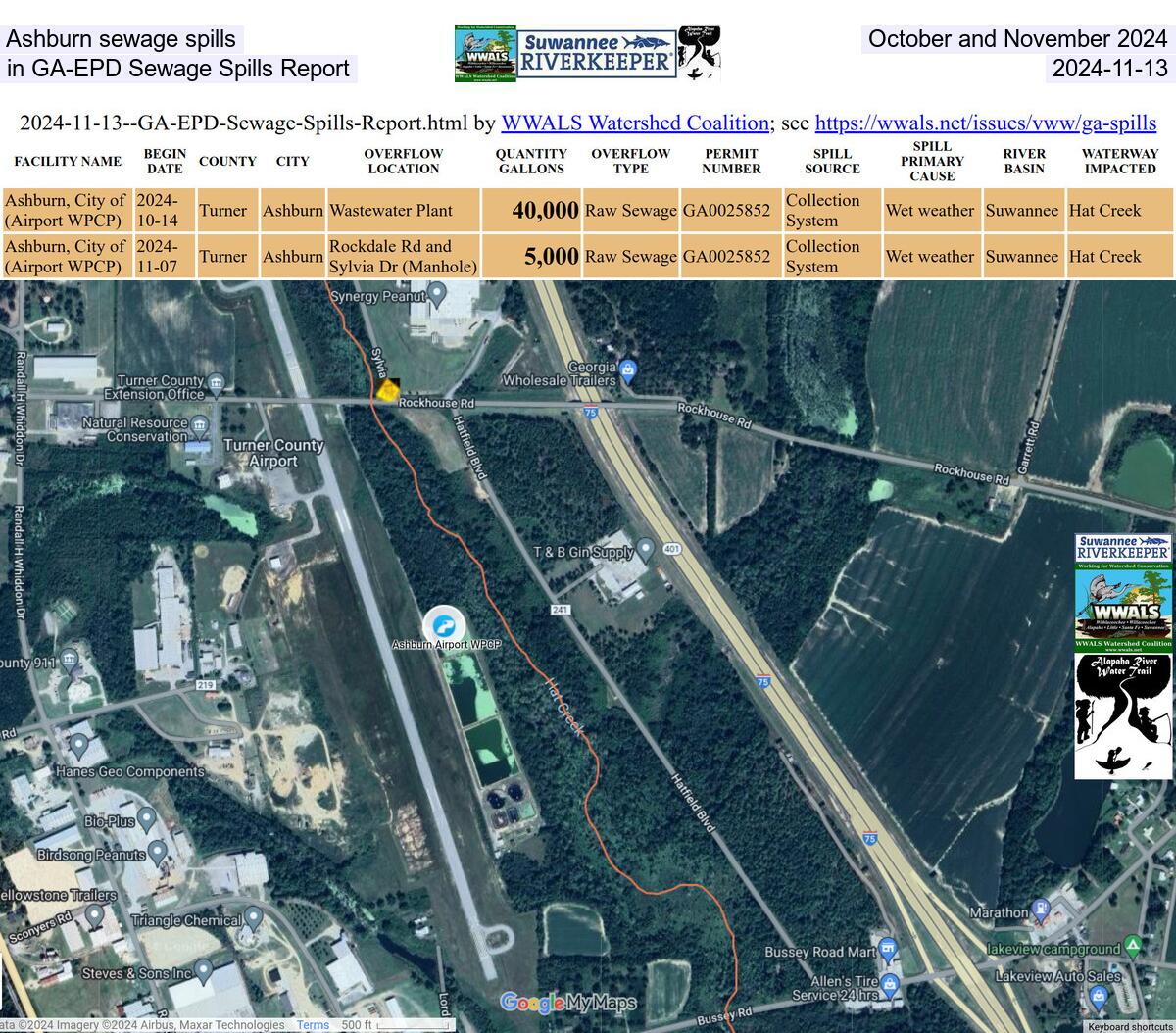 Ashburn sewage spills, October and November 2024, in GA-EPD Sewage Spills Report 2024-11-13