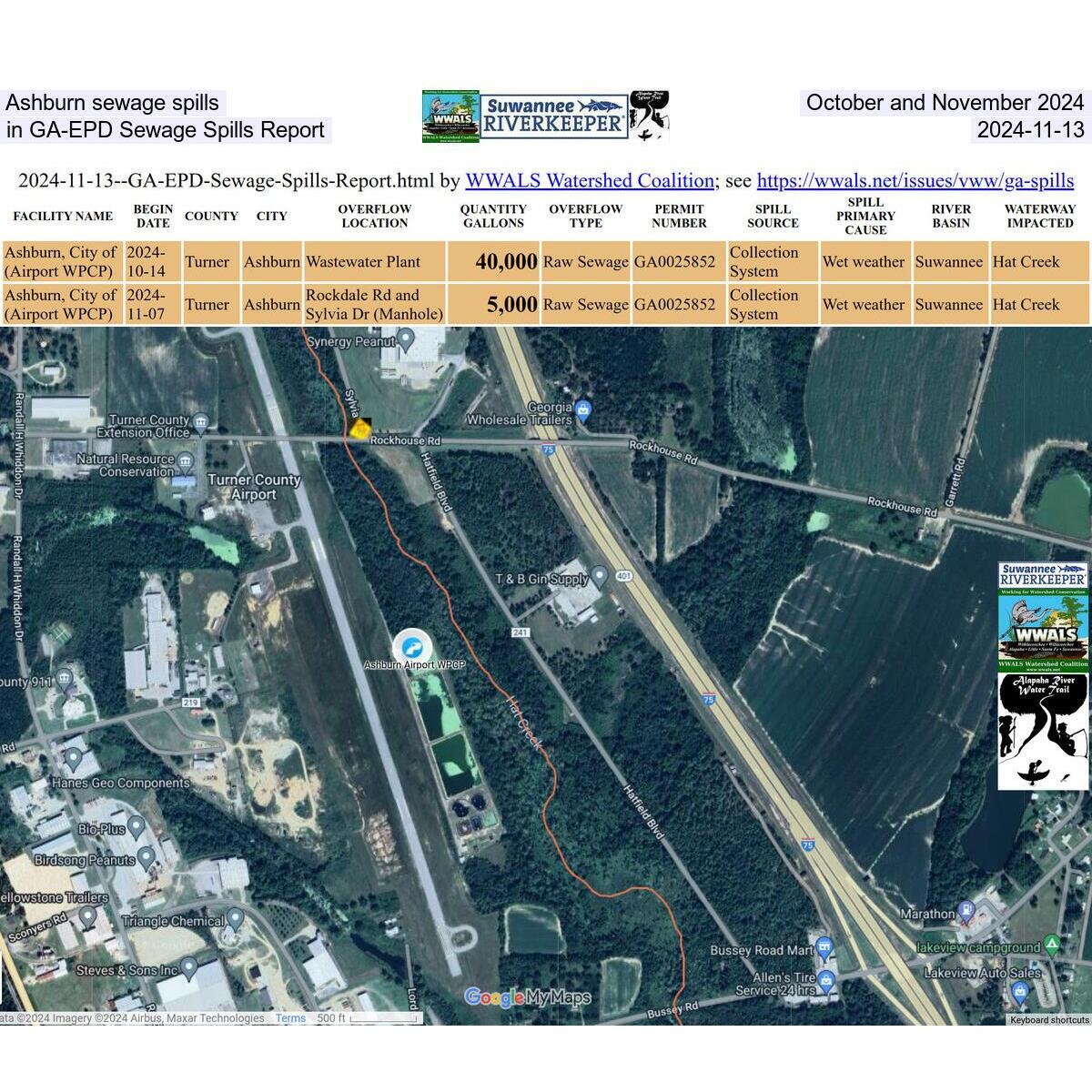 Ashburn sewage spills, October and November 2024, in GA-EPD Sewage Spills Report 2024-11-13