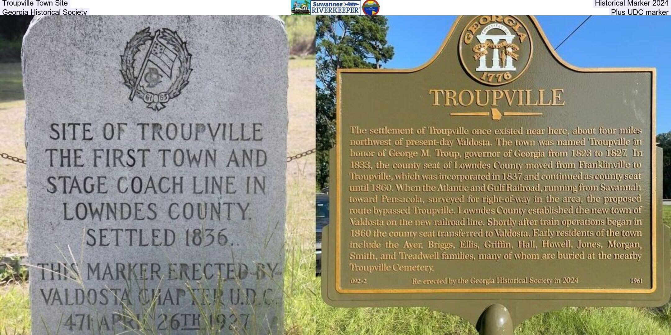 Troupville Town Site Historical Marker 2024, Georgia Historical Society, Plus UDC marker