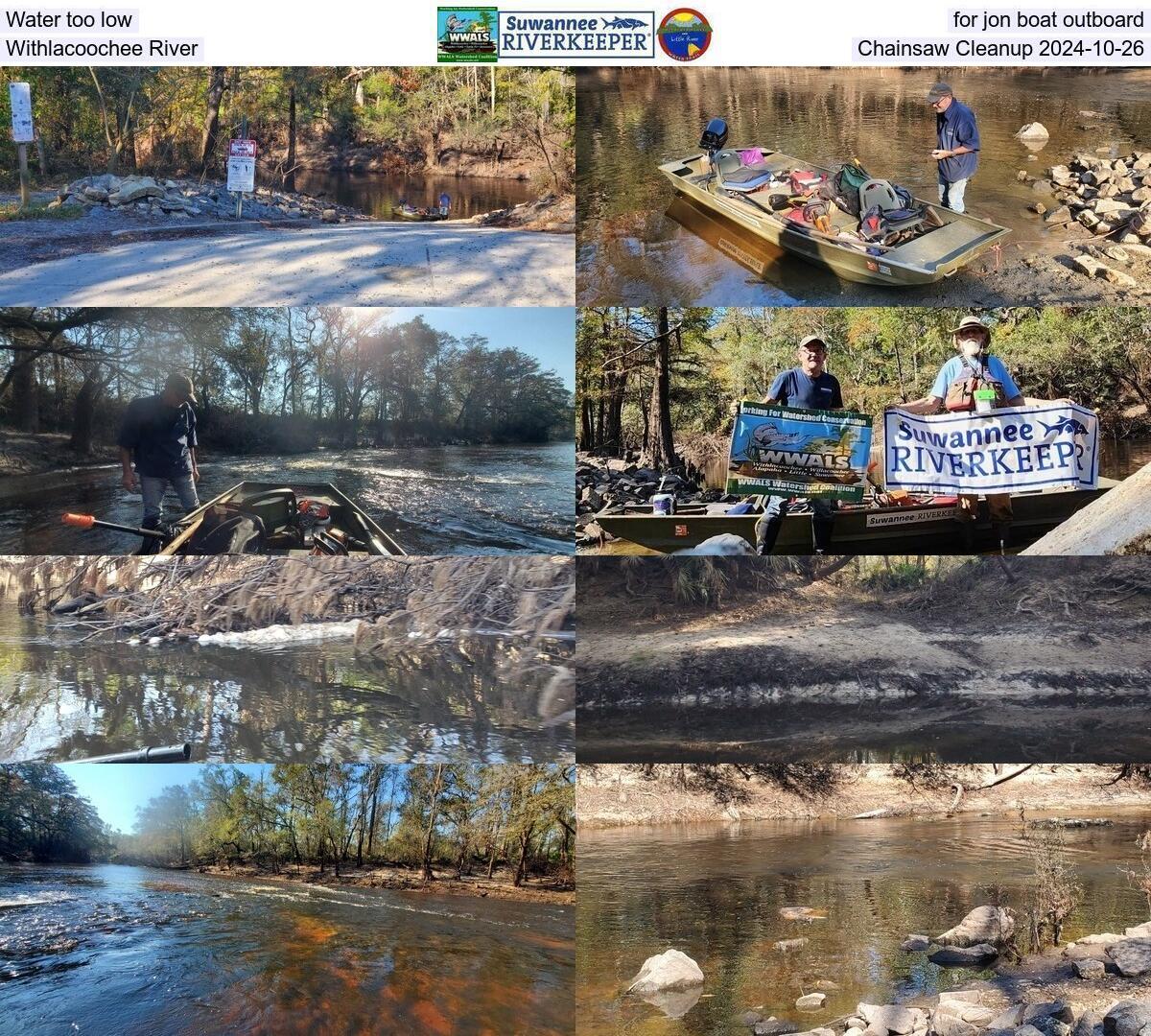 Water too low for jon boat outboard, Withlacoochee River, Chainsaw Cleanup 2024-10-26