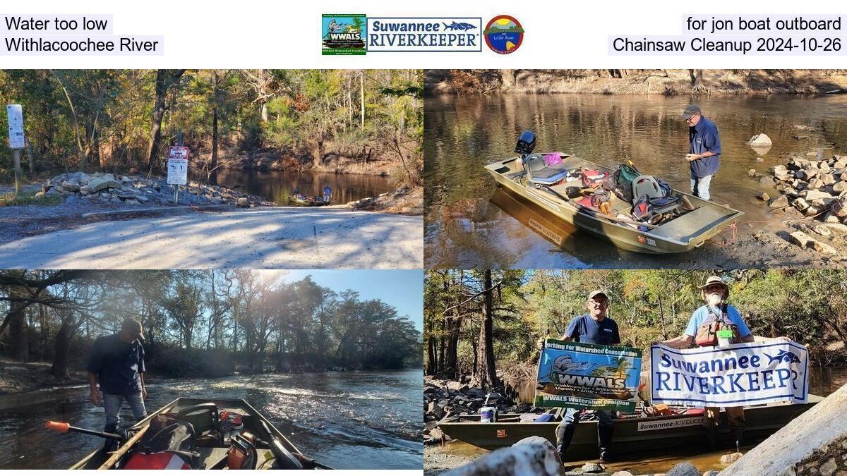 Water too low for jon boat outboard, Withlacoochee River, Chainsaw Cleanup 2024-10-26