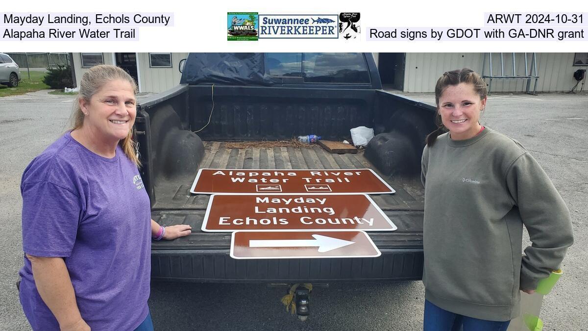 Mayday Landing, Echols County, ARWT 2024-10-31, Alapaha River Water Trail, Road signs from GDOT with GA-DNR grant