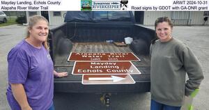 [Mayday Landing, Echols County, ARWT 2024-10-31, Alapaha River Water Trail, Road signs from GDOT with GA-DNR grant]