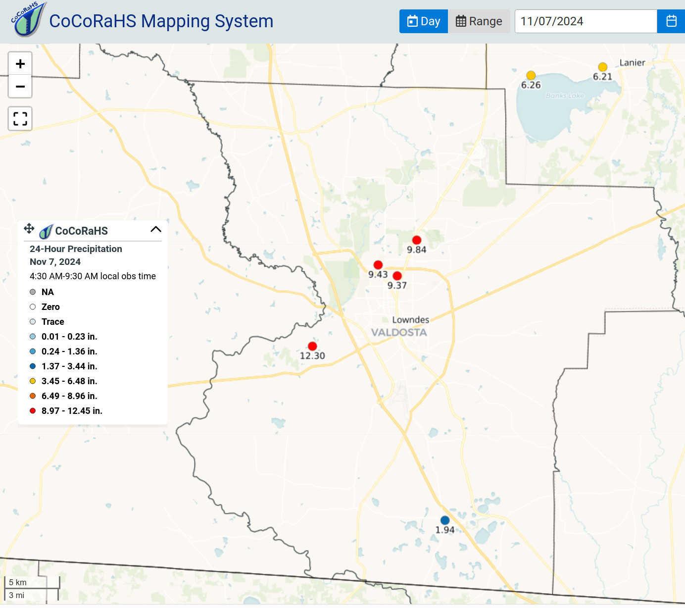 Map: CoCoRAHS Lowndes, Lanier Counties 2024-11-07