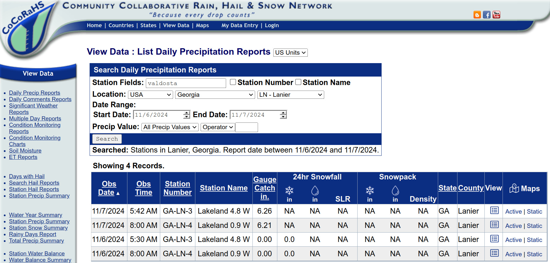 Table: CoCoRAHS Lanier County 2024-11-07