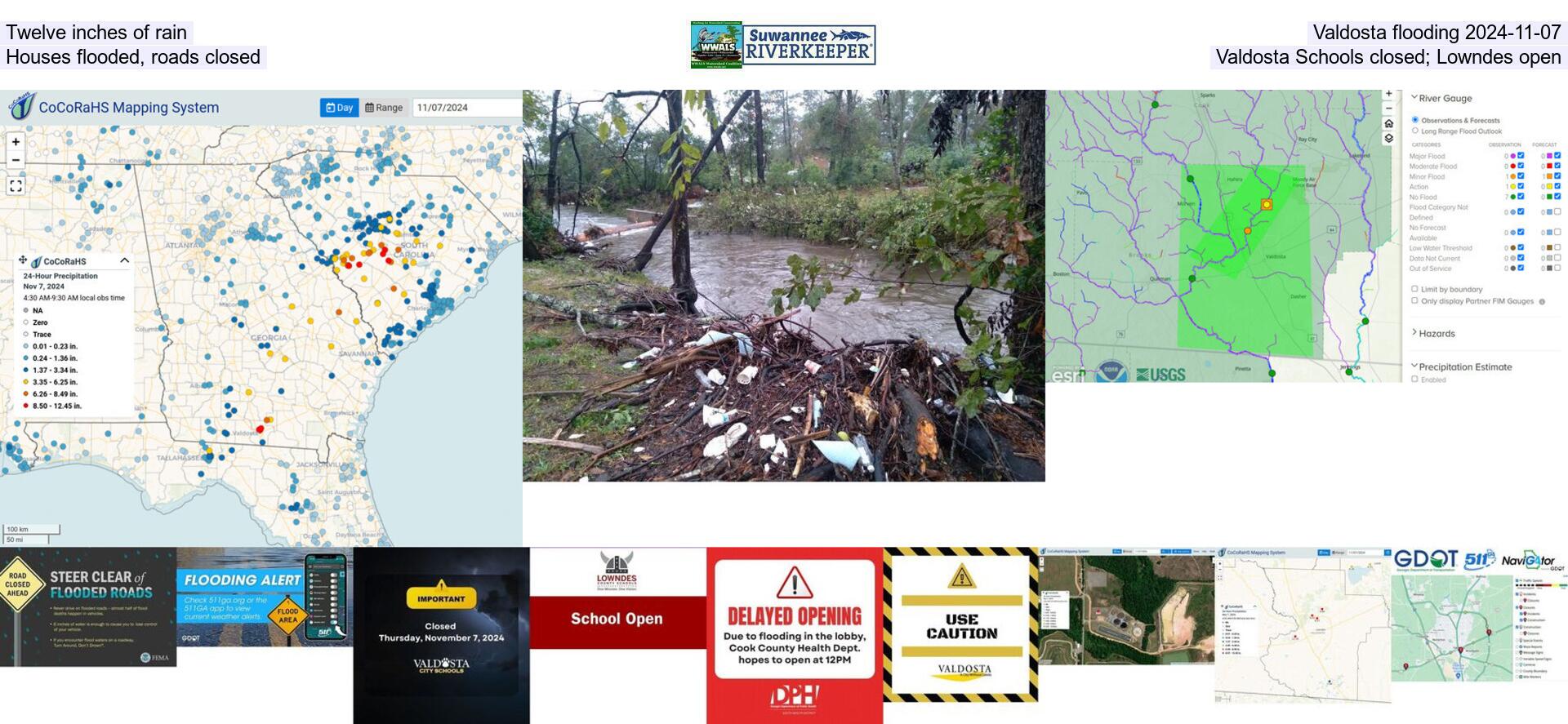 Twelve inches of rain, Valdosta flooding 2024-11-07, Houses flooded, roads closed, Valdosta Schools closed; Lowndes open