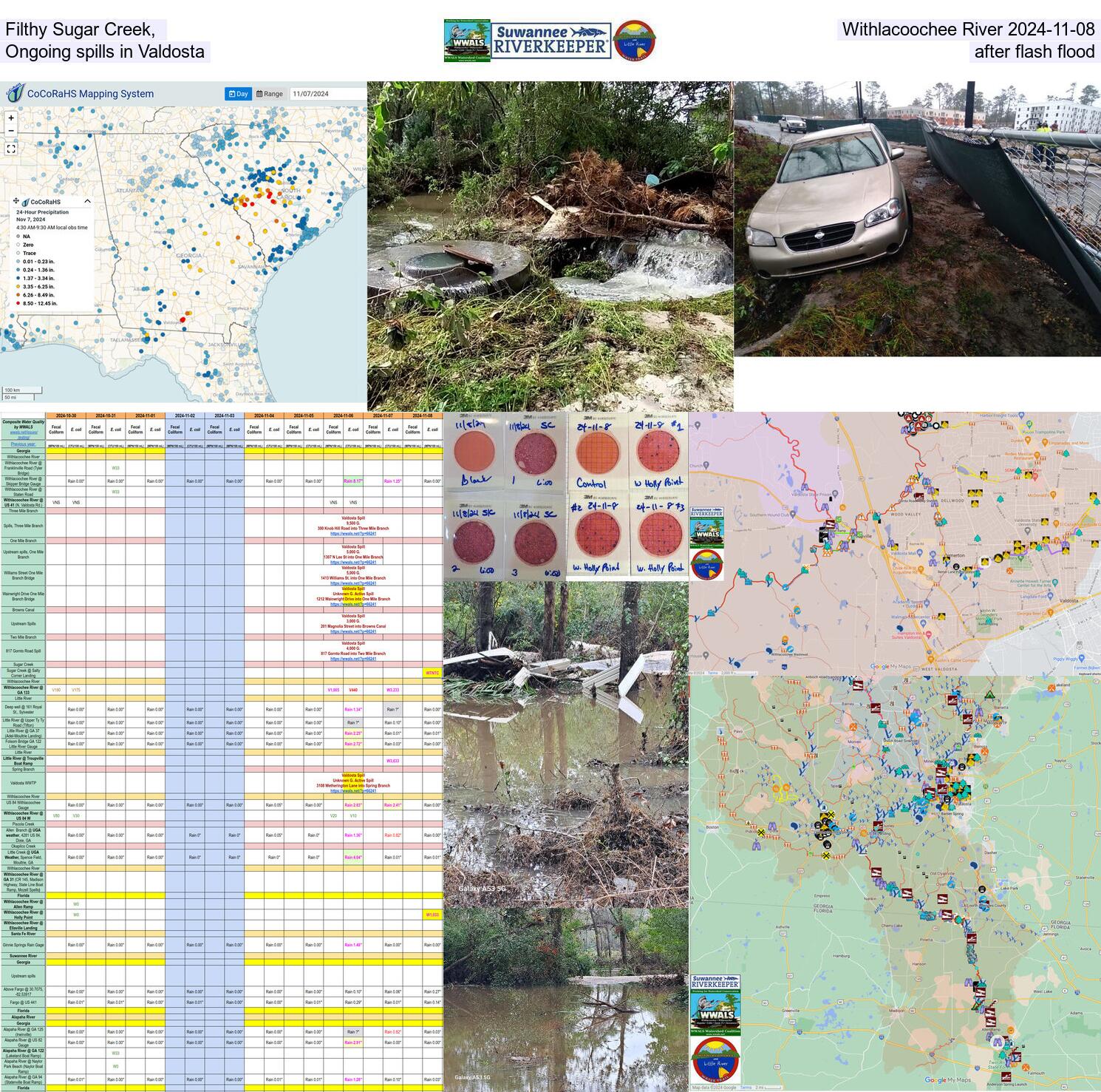 Filthy Sugar Creek and Withlacoochee River 2024-11-08 Ongoing spills in Valdosta after flash flood