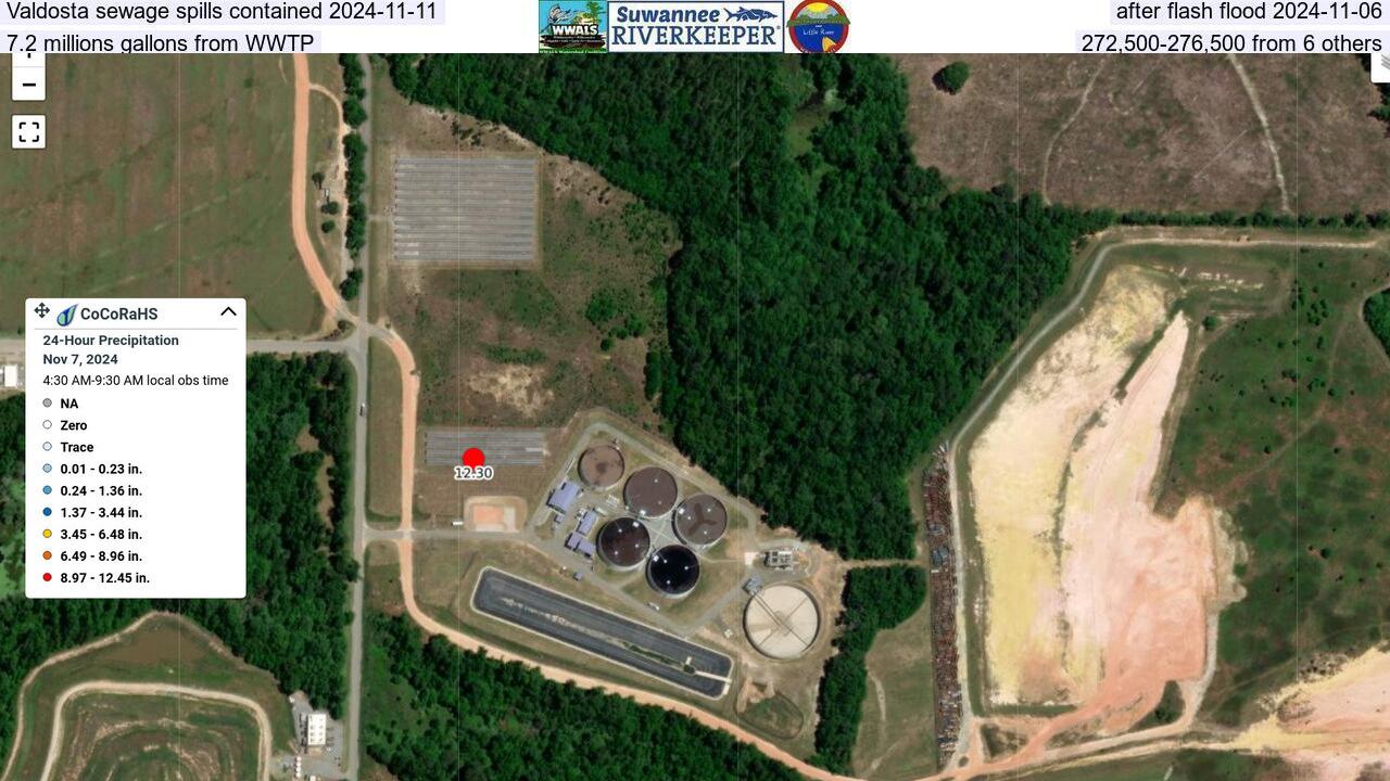 Valdosta sewage spills contained 2024-11-11, after flash flood 2024-11-06, 7.2 millions gallons from WWTP, 272,500-276,500 from 6 others