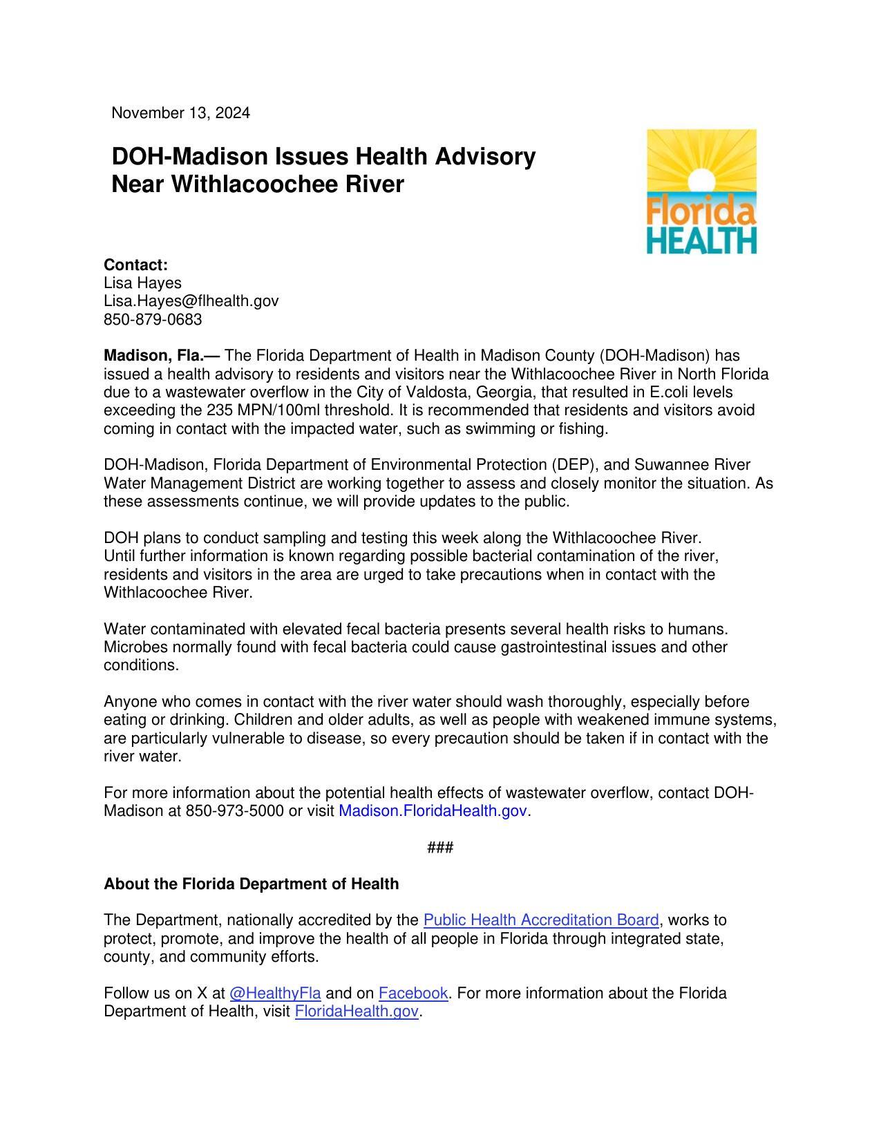 Madison Health Advisory Near Withlacoochie PR-11-13-2024