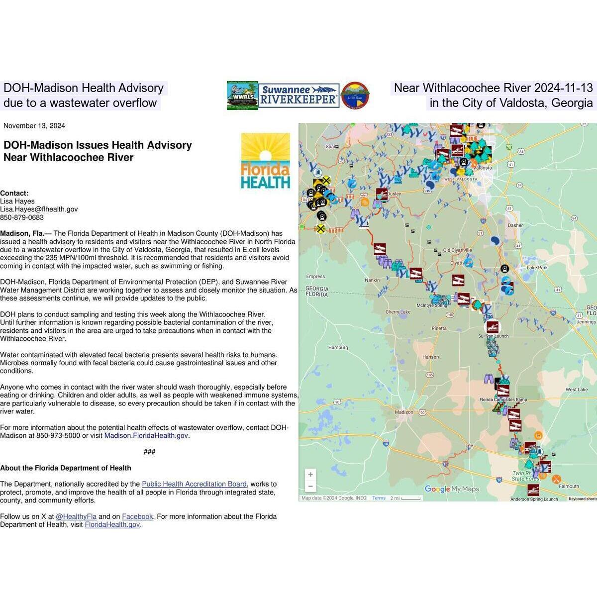 DOH-Madison Health Advisory Near Withlacoochee River 2024-11-13 due to a wastewater overflow in the City of Valdosta, Georgia