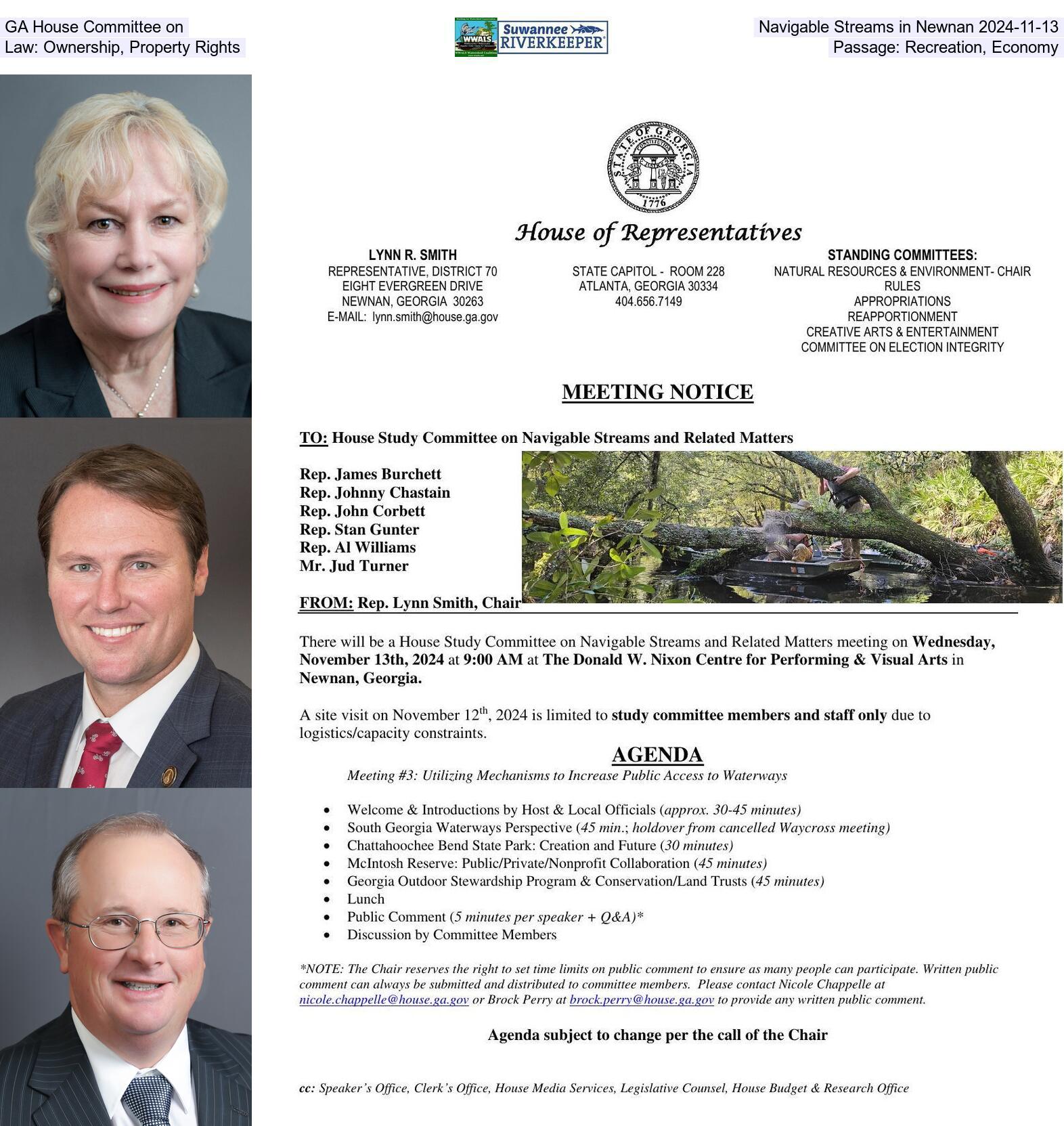 Georgia House Study Committee on Navigable Streams in Newnan 2024-11-13: Law: Ownership, Property Rights; Passage: Recreation, Economy