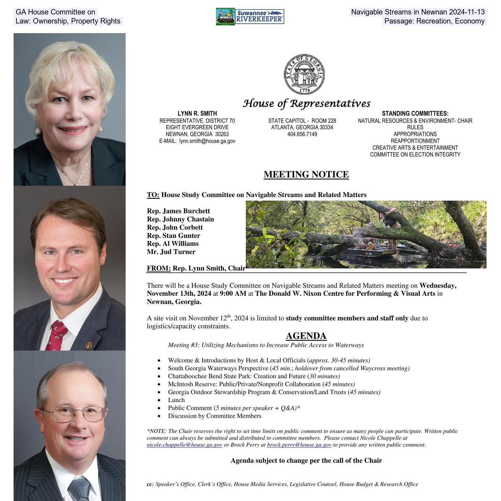 Georgia House Study Committee on Navigable Streams in Newnan 2024-11-13: Law: Ownership, Property Rights; Passage: Recreation, Economy