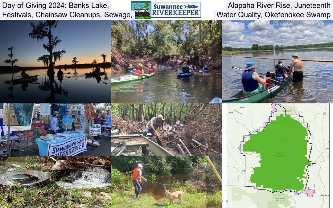 Day of Giving 2024: Banks Lake, Alapaha River Rise, Juneteenth, Festivals, Chainsaw Cleanups, Sewage, Water Quality, Okefenokee Swamp