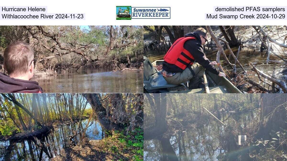 Hurricane Helene demolished PFAS samplers, Withlacoochee River 2024-11-23, Mud Swamp Creek 2024-10-29