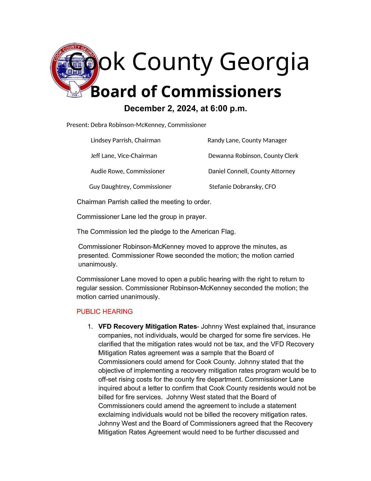 Minutes, 2024-12-02 --Cook County, Georgia BOCC