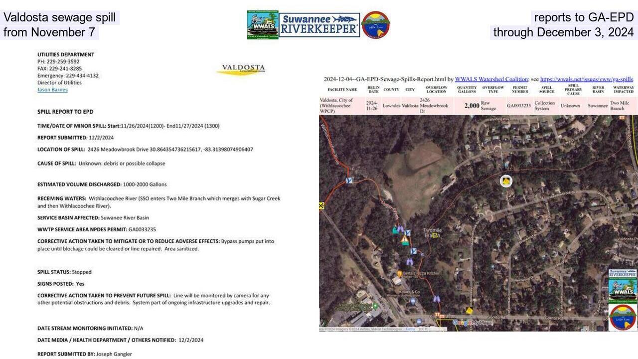 Valdosta sewage spill reports to GA-EPD, from November 7 through December 3, 2024