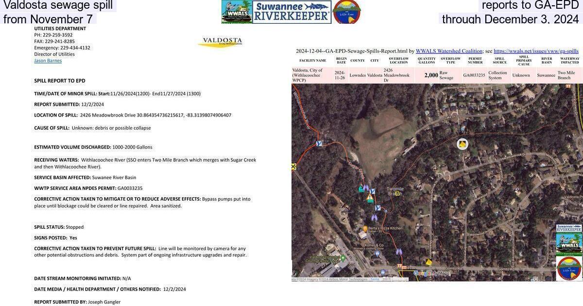 Valdosta sewage spill reports to GA-EPD, from November 7 through December 3, 2024