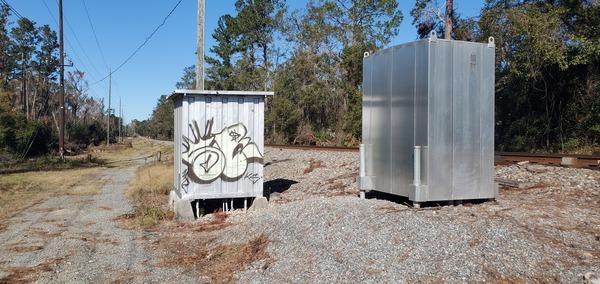 Railroad equipment shelters, Sugar Creek 2024-12-12, 13:15:03, 30.8474174, -83.3132907