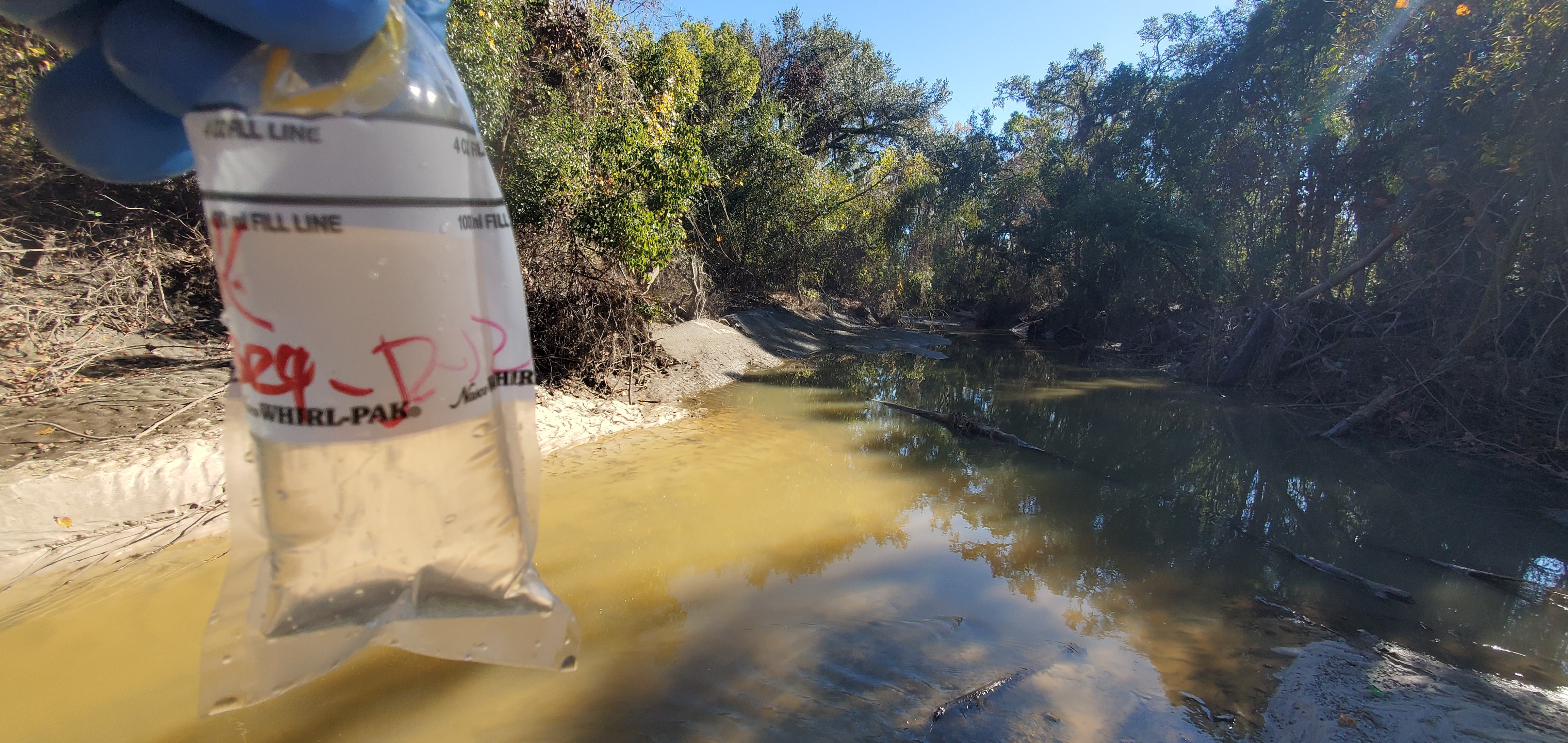 Upstream, Sugar Creek in front of Berta's Kitchen, 2024-12-12, 13:47:14, 30.8610899, -83.3180020