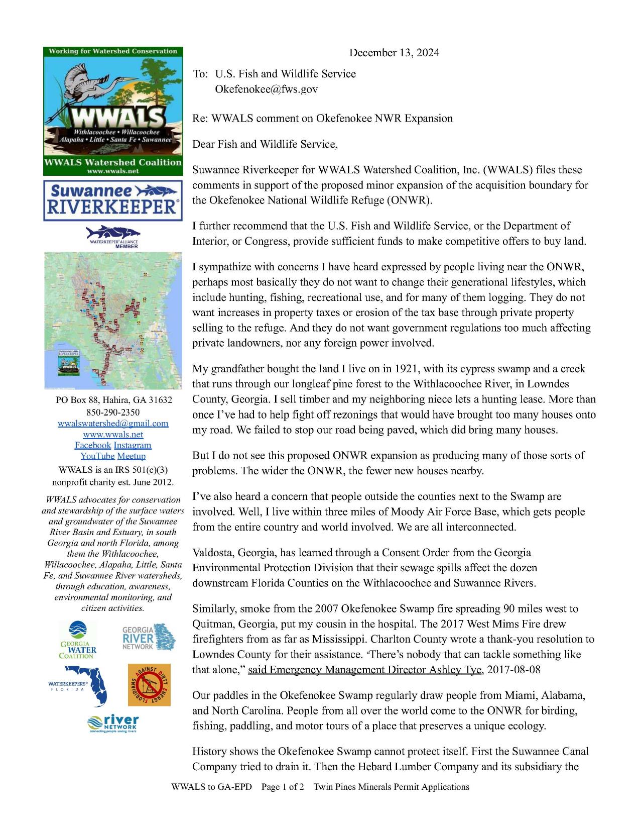 WWALS Comment on Okefenokee NWR Expansion 2024-12-13