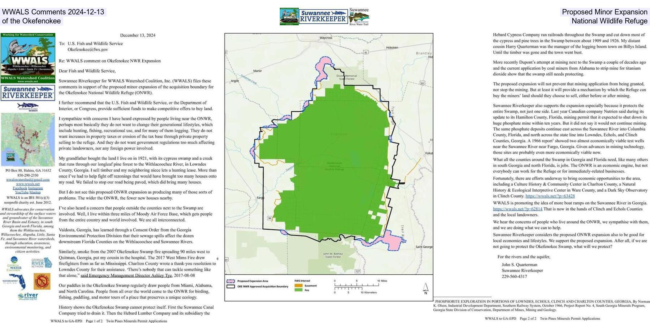 WWALS Comments 2024-12-13, Proposed Minor Expansion of the Okefenokee, National Wildlife Refuge