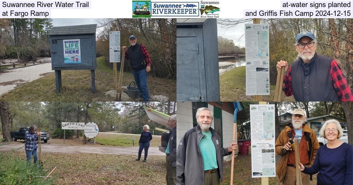 Suwannee River Water Trail at-water signs planted at Fargo Ramp and Griffis Fish Camp 2024-12-15