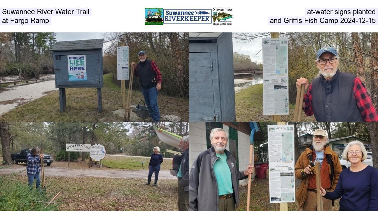 Suwannee River Water Trail at-water signs planted at Fargo Ramp and Griffis Fish Camp 2024-12-15