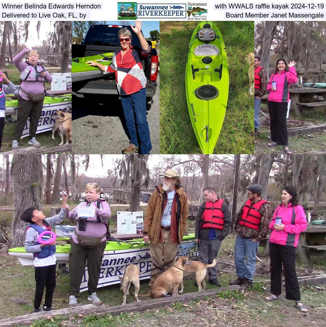 Winner Belinda Edwards Herndon with WWALS raffle kayak 2024-12-19, Delivered to Live Oak, FL by Board Member Janet Massengale