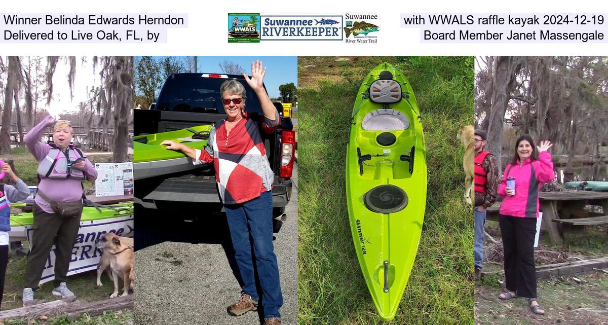 Winner Belinda Edwards Herndon with WWALS raffle kayak 2024-12-19, Delivered to Live Oak, FL by Board Member Janet Massengale