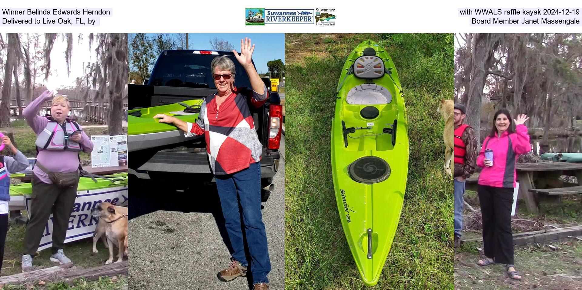 Winner Belinda Edwards Herndon with WWALS raffle kayak 2024-12-19, Delivered to Live Oak, FL by Board Member Janet Massengale