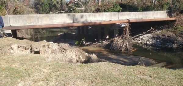 Valdosta City personnel under Gornto Road Bridge, preparing deadfall removal