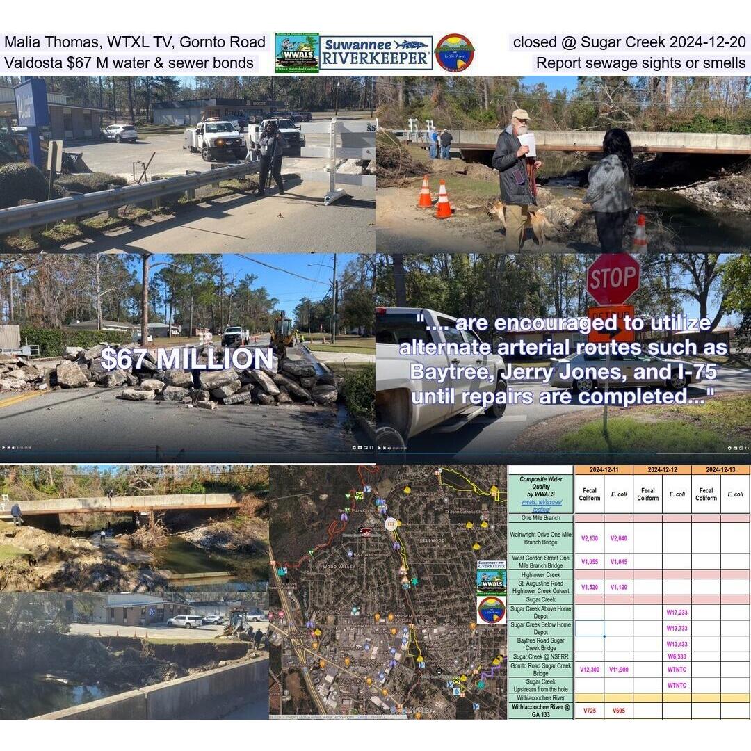 Malia Thomas, WTXL TV, Gornto Road closed @ Sugar Creek 2024-12-20, Valdosta $67 M water & sewer bonds, Report sewage sights or smells