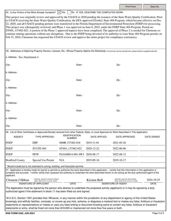 Due to the FDEP being divested of its authority to issue State 404 Program permits on Feb 15, 2024, Chemours has requested the USACE review and approve the entire project for compliance consistency.