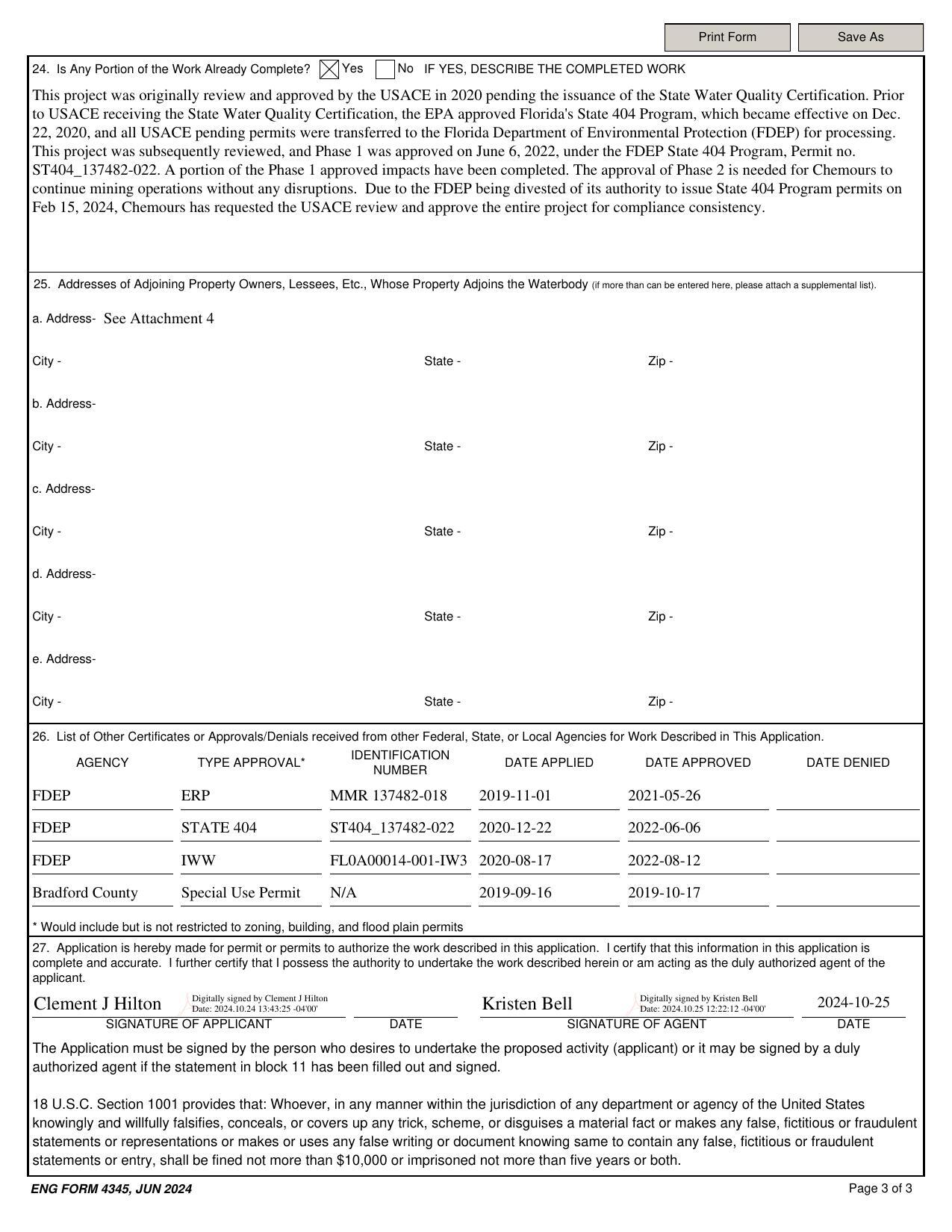 Due to the FDEP being divested of its authority to issue State 404 Program permits on Feb 15, 2024, Chemours has requested the USACE review and approve the entire project for compliance consistency.