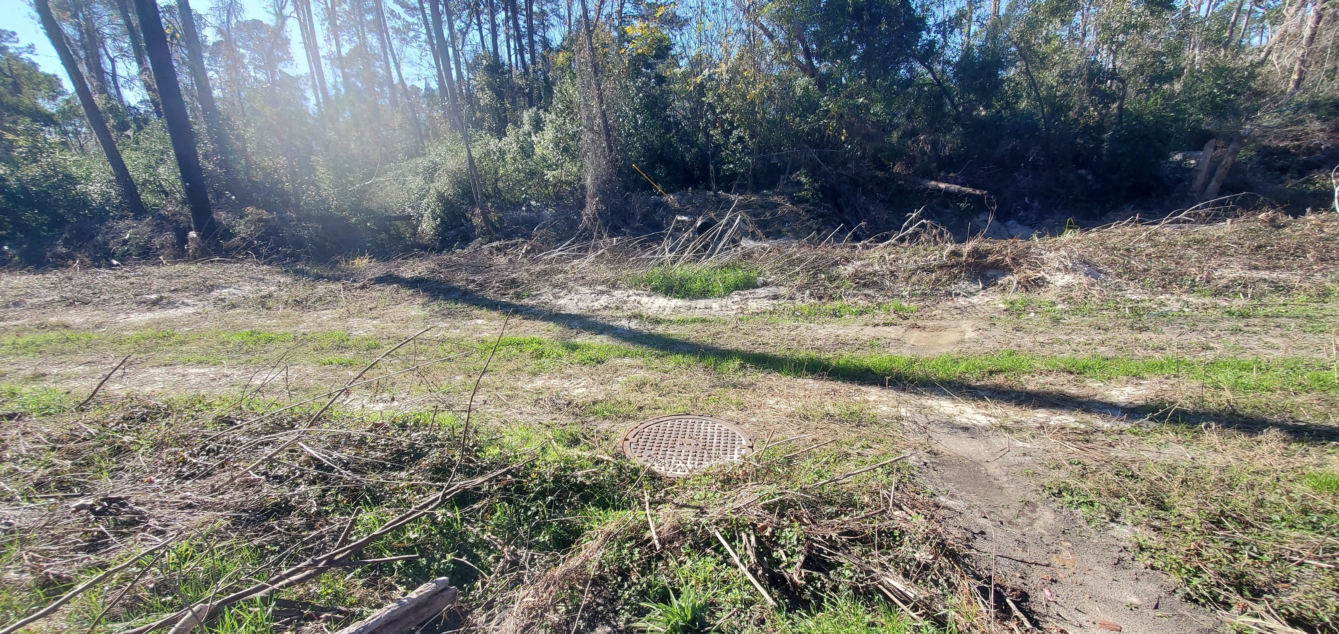 Manhole, Westbrook Circle sewer line, Sugar Creek, 2025:01:02 13:10:43, 30.8505952, -83.3143212