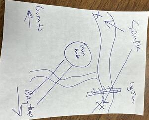 [Map: manhole, logjam, runoff, Sugar Creek behind Outdoor Living --Suzy Hall 2025-01-02]