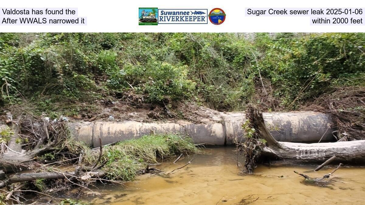 Valdosta has found the Sugar Creek sewer leak 2025-01-06, After WWALS narrowed it within 2000 feet