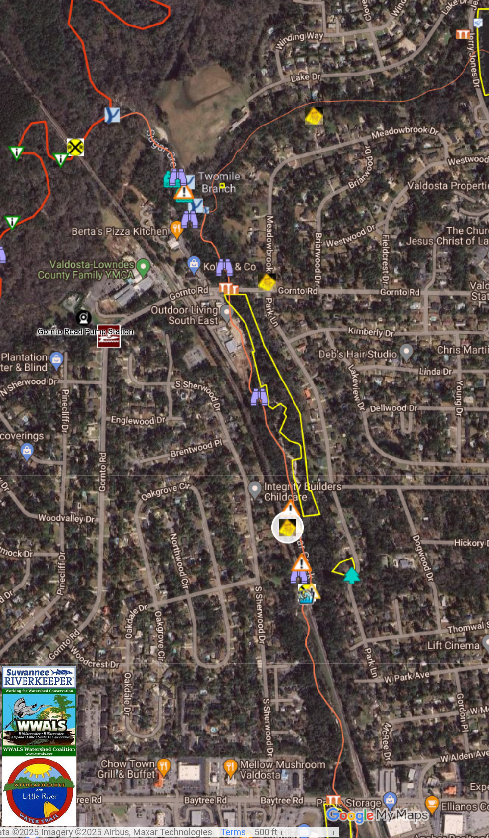 Map: Spill Location, Sugar Creek, between Baytree and Gornto Roads --WLRWT 2025-01-08