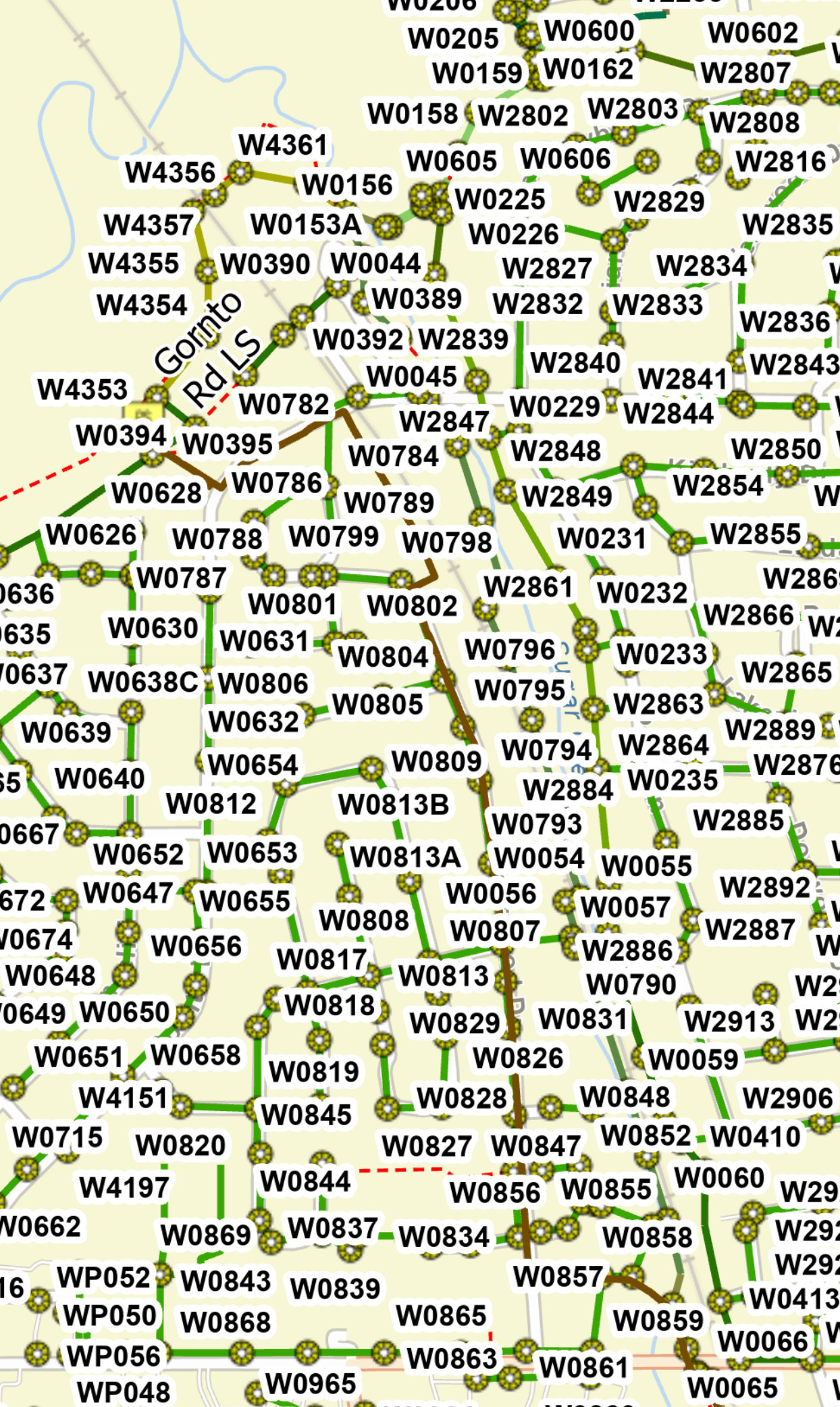 Map: Valdosta sewer lines and manholes, Sugar Creek, Baytree Road to Withlacoochee River