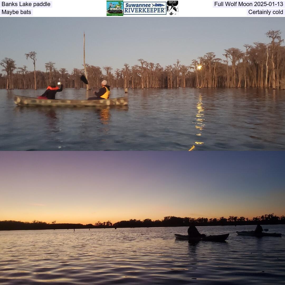 Banks Lake paddle, Full Wolf Moon 2025-01-13, Maybe bats, Certainly cold