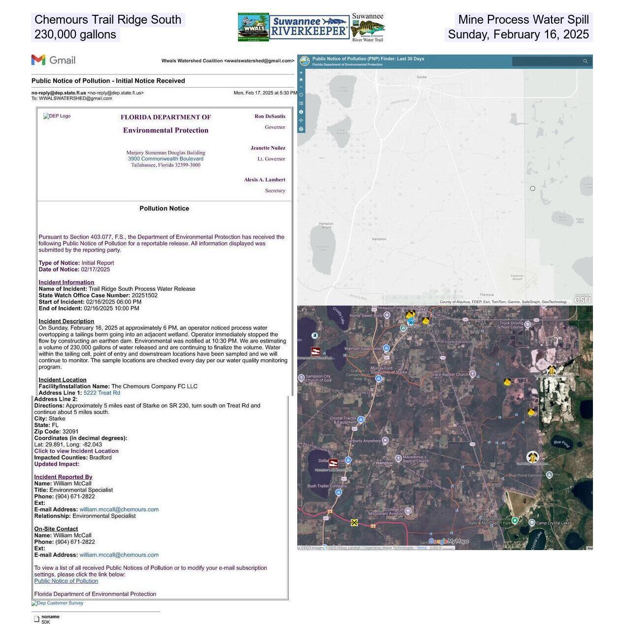 Chemours Trail Ridge South, Mine Process Water Spill, 230,000 gallons, Sunday, February 16, 2025