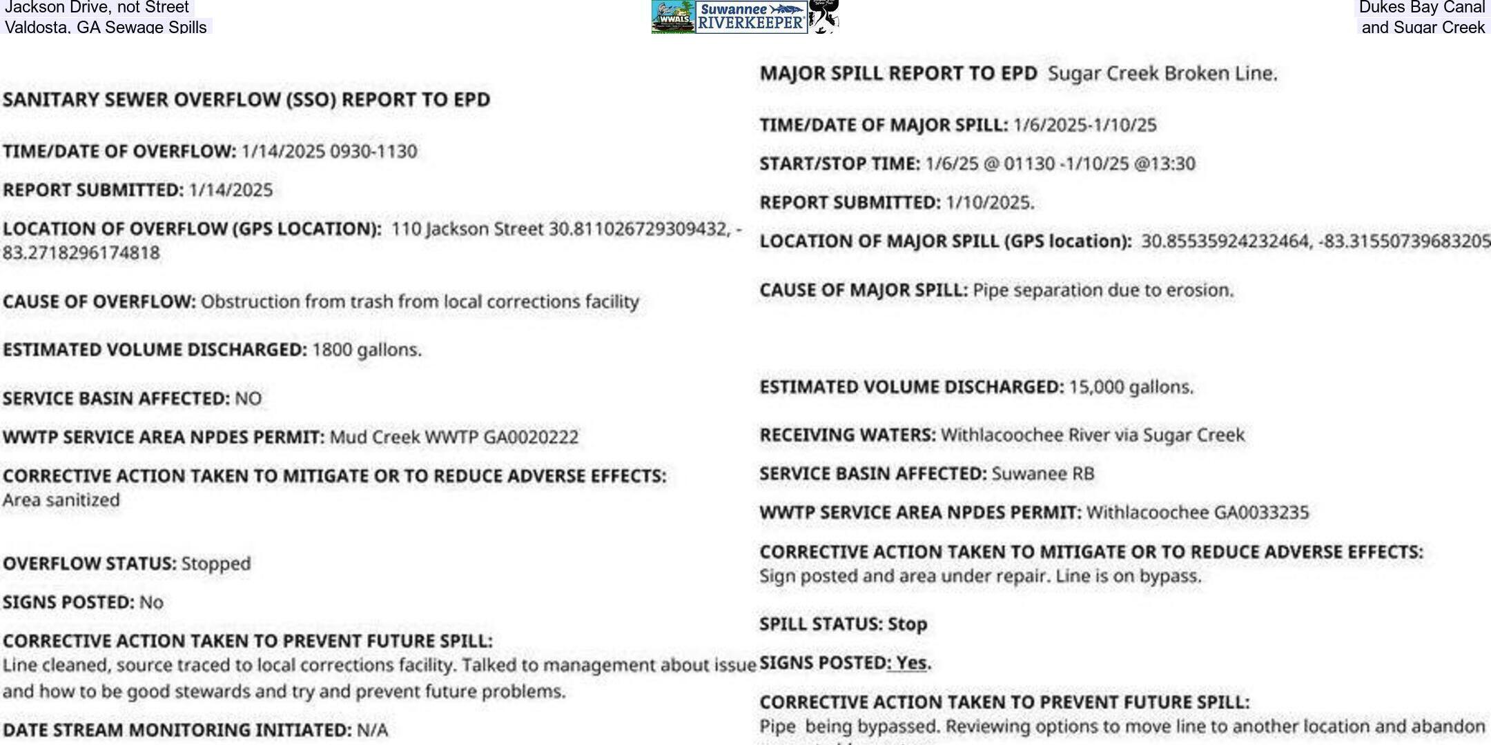 Jackson Drive, not Street, Dukes Bay Canal, Valdosta, GA Sewage Spills, and Sugar Creek